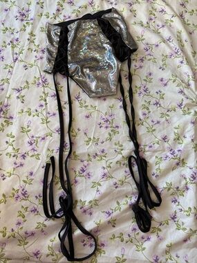 iHeartRaves Holographic Silver High-Waist Panty with Black Lace-Up Straps